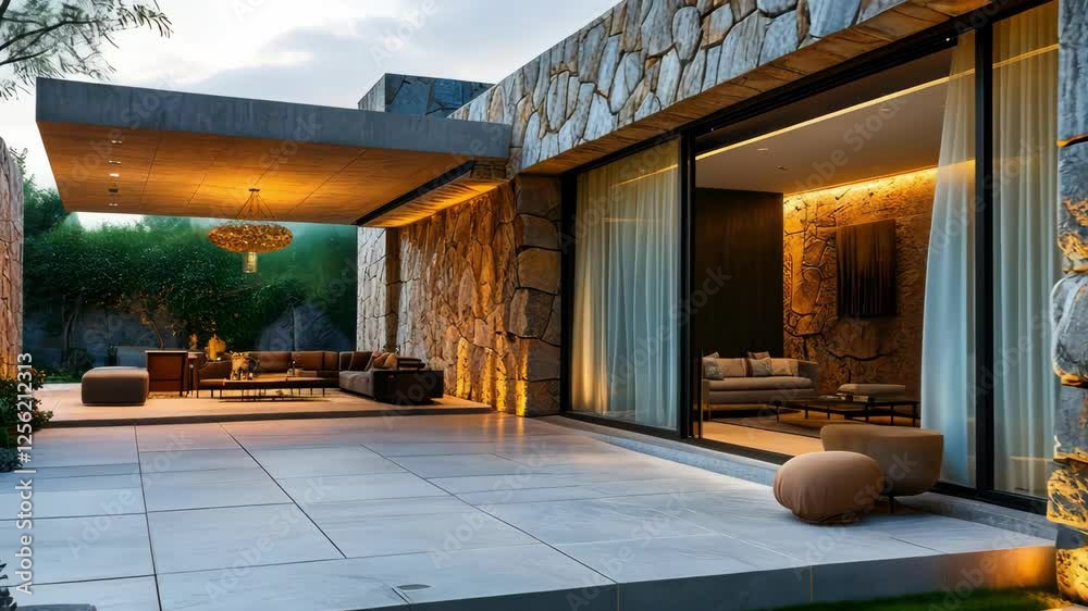 custom made wallpaper toronto digitalA serene outdoor modern living space featuring stone architecture, stylish furniture, and ambient lighting, perfect for relaxation.