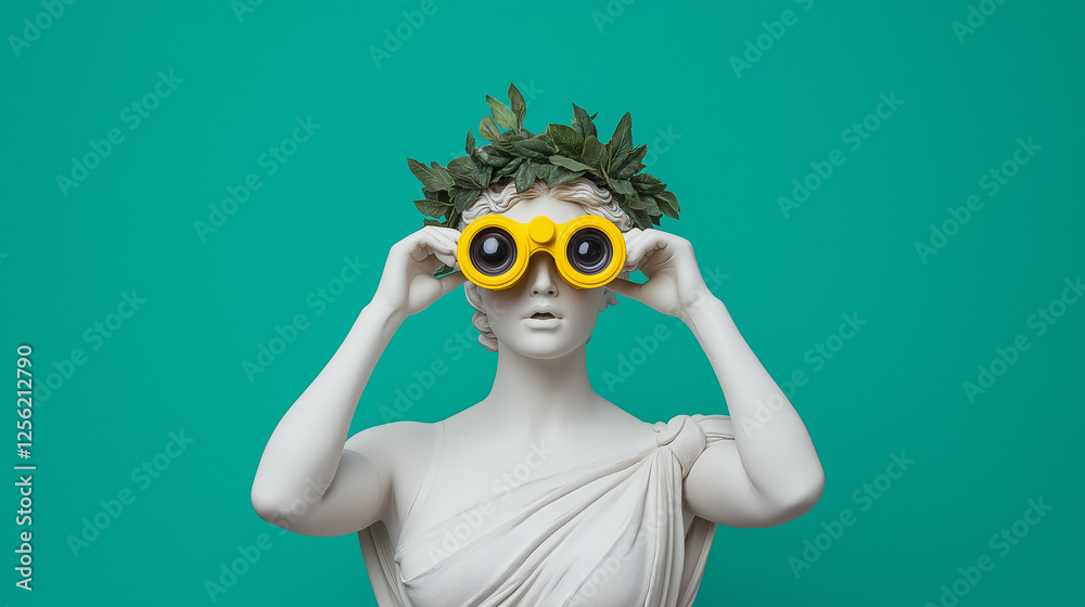 Fototapeta premium Statue of an ancient Greek goddess holds binoculars, expressing surprise. Trendy and stylish, she stands against a blue background, showcasing an intriguing and charming expression.
