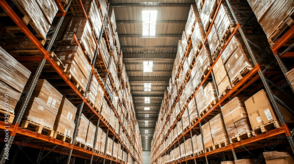 Fototapeta premium Spacious Warehouse Interior with High Shelving and Cardboard Boxes