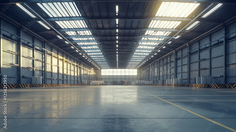 Modern Empty Warehouse Interior with Large Windows and Lighting Modern Empty Warehouse Interior with Large Windows and Lighting