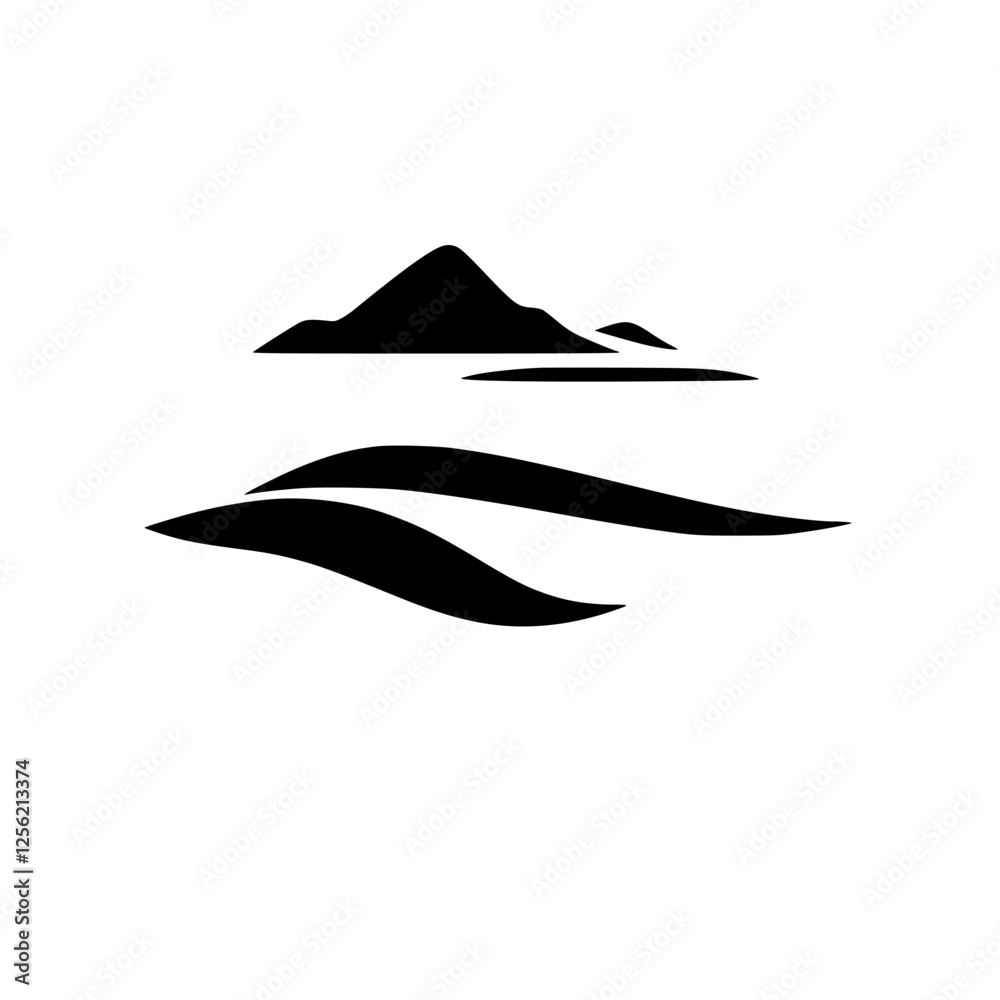 Black and white minimalist landscape with mountains and stylized waves.