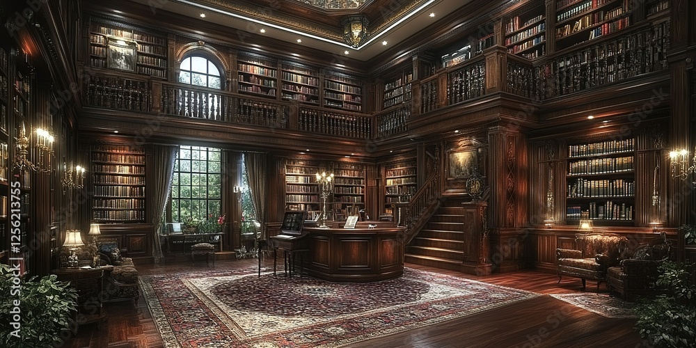 Elegant wooden library with tall shelves and cozy seating in a sunlit room Elegant wooden library with tall shelves and cozy seating in a sunlit room