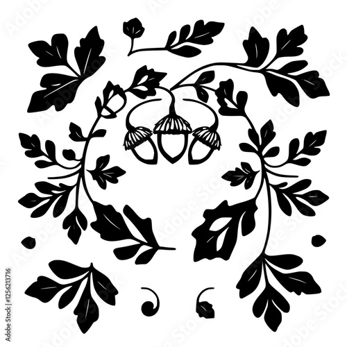 Oak Leaf and Acorn Black and White pattern with white background.