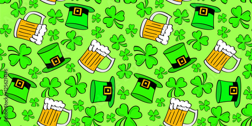 st. patrick's day green clover shamrock hat beer doodle style modern seamless bright color pattern green background