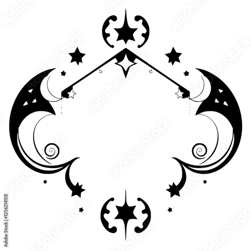 A stylized, symmetrical black and white illustration with crescent moon, star, and geometric shape arrangement within an open frame.