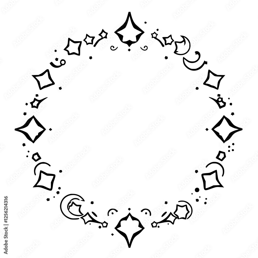 Naklejka premium Starry Night's Circle: A minimalist design of stars, crescents, and diamond shapes forming a circular border on a white background.