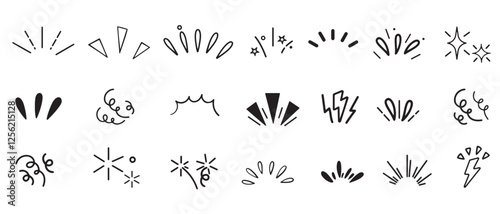 Line confetti exclamation icon elements. Cartoon doodle of bomb explosion with sparks and confetti. Hand drawn confetti explosion burst ray, spark exclamation emphasis ray twinkle starburst decoration