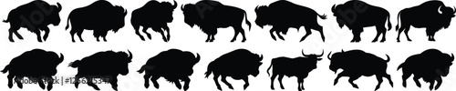 Bison silhouettes set, animal pack of vector silhouette design, isolated background