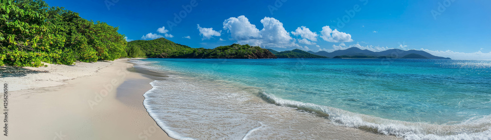 Fototapeta premium Serene white sand beach with turquoise water under a bright blue sky and gentle waves