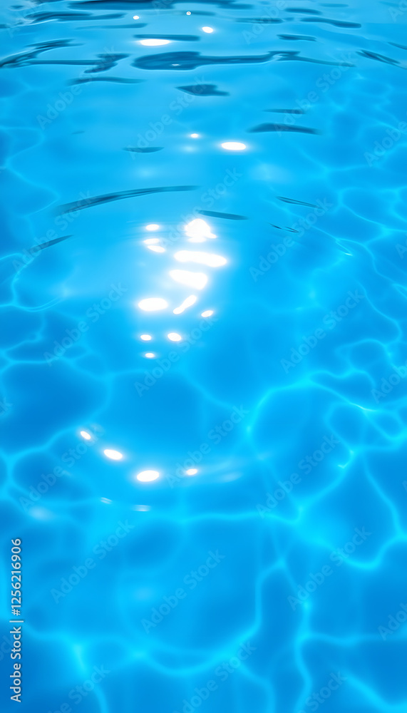 Obraz premium Blue water in swimming pool background. Ripple Water in swimming pool with sun reflection. Blue swimming pool rippled water detail. vertical photo, dramatic atmosphere. with white shades