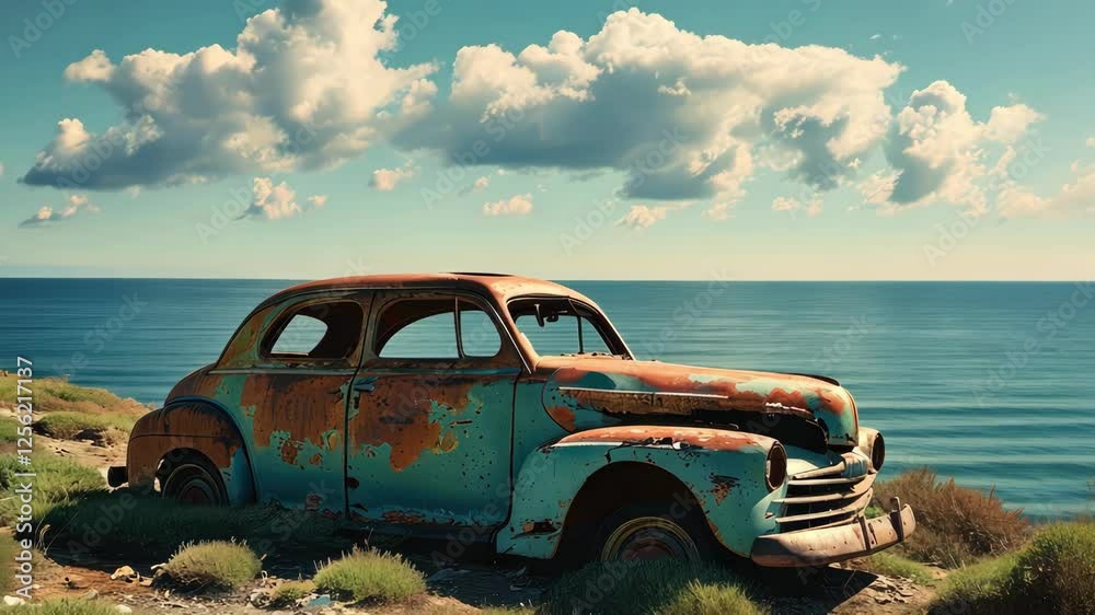 An old, rusted car overlooks a serene ocean, surrounded by grass and clouds, evoking nostalgia and tranquility in a captivating landscape.