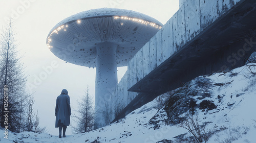 A cloaked figure stands in a snowy landscape, gazing at a colossal mushroom-shaped structure in a surreal, post-apocalyptic scene