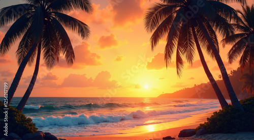 Tropical sunset with palm trees. Warm, vibrant sky over calm ocean waves.