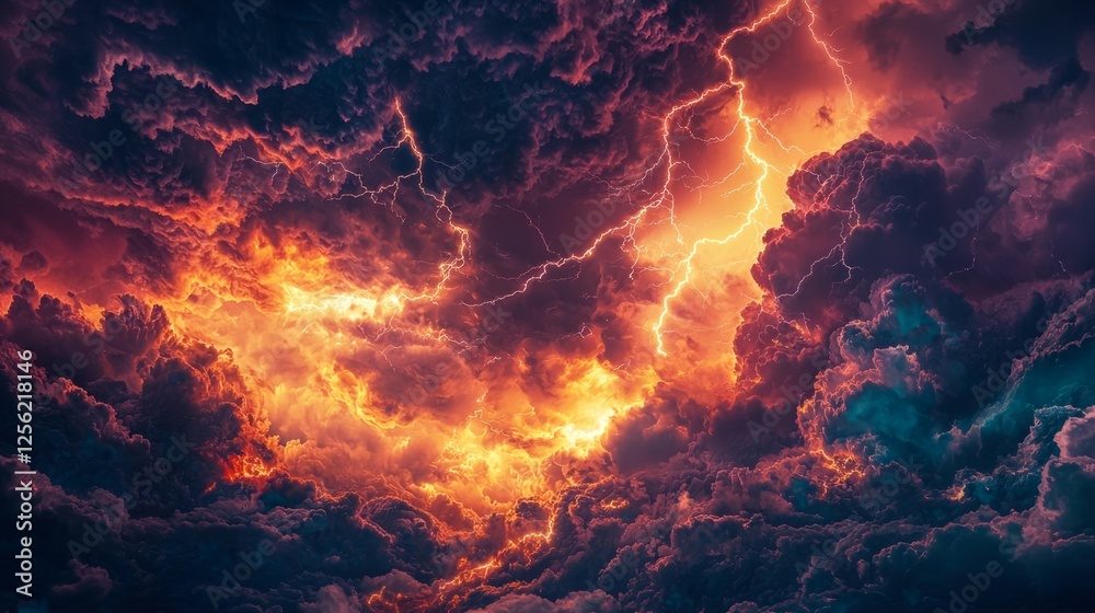 Fototapeta premium Dramatic Thunderstorm with Illuminating Lightning and Fiery Clouds