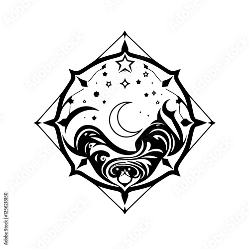 Celestial Diamond: A Diamond-shaped frame with crescent moon and stars, black and white, with elaborate abstract floral and scroll patterns.