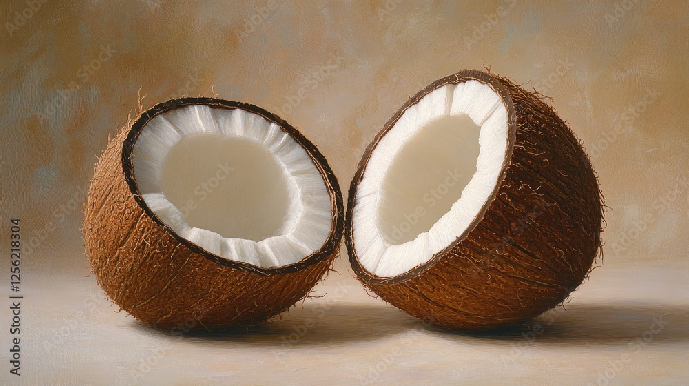 A fresh, ripe coconut cut in half, with its white flesh against a light brown background. A fresh, ripe coconut cut in half, with its white flesh against a light brown background.