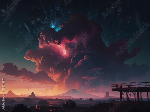 A dreamy, cinematic keyframe featuring vibrant nebulosas set against a backdrop of pastel-colored neon hues, subtle black shades, and neutral tones, evoking a sense of cuteness and softness, reminisce