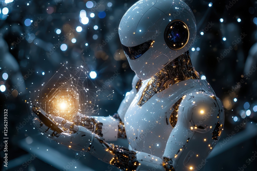 Futuristic humanoid robot interacting with digital sphere high-tech lab concept art sci-fi environment close-up view Futuristic humanoid robot interacting with digital sphere high-tech lab concept art sci-fi environment close-up view