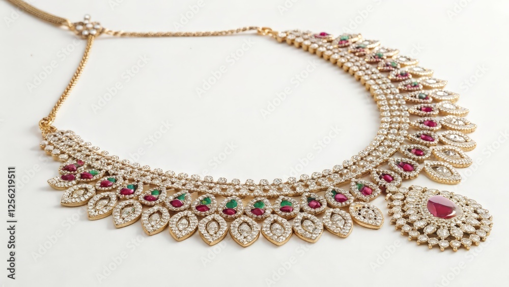 Gold Necklace with Red and Green Gemstones on White Background Gold Necklace with Red and Green Gemstones on White Background