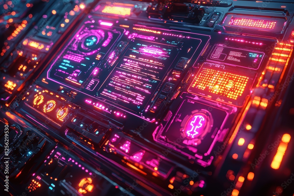 Fototapeta premium Futuristic blockchain display interface technology in cyberpunk environment high fidelity visuals digital perspective