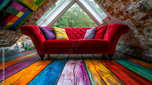 Red Sofa In Attic Room With Colorful Painted Floor With Cushions And Pillows On photo