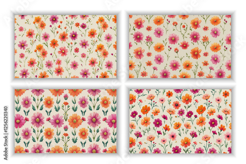 Floral pattern. Pretty flowers on a white background. Printing with small orange, red, and pink flowers. Ditsy print.
 Spring Bouquet.A white background, red and orange small flowers pattern