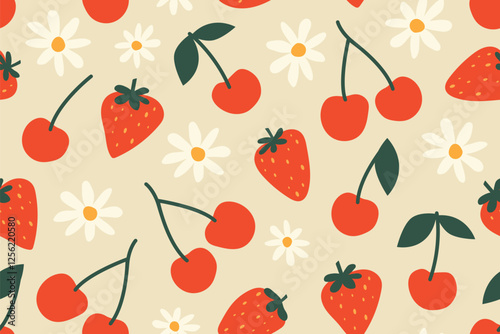 seamless summer patter with strawberries, cherries and daisy flower- vector illustration