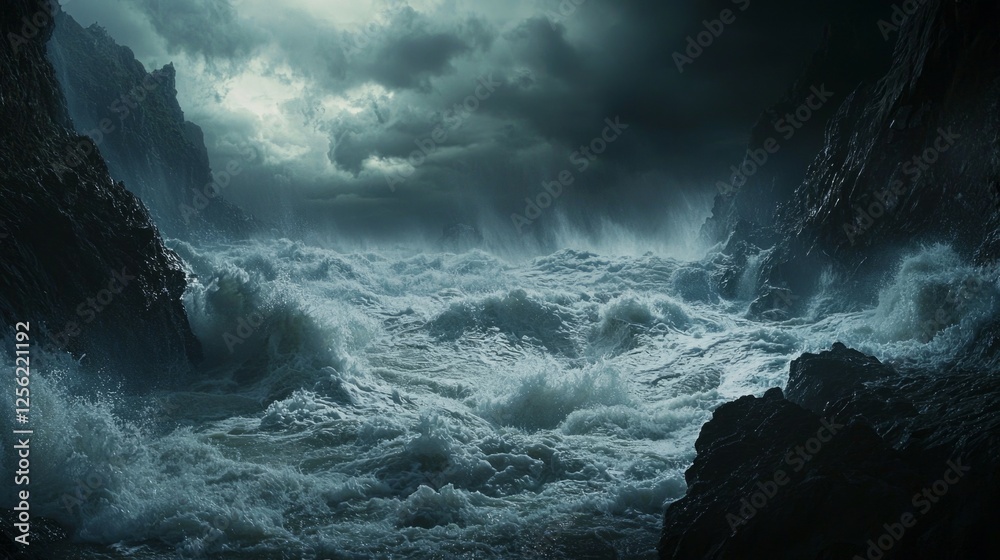 Obraz premium Dramatic Stormy Sea Waves Crashing Against Rocky Shoreline Landscape