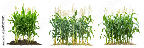 Set of A detailed front view of a healthy corn plant standing tall in a vast cornfield during golden hour with the sun casting soft light on transparent png background