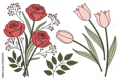Floral-elements vectors of roses tulips and other