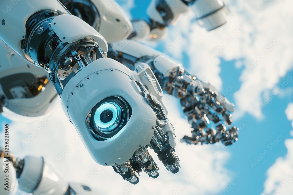 Fototapeta premium Futuristic robot parts assembling themselves in mid-air.