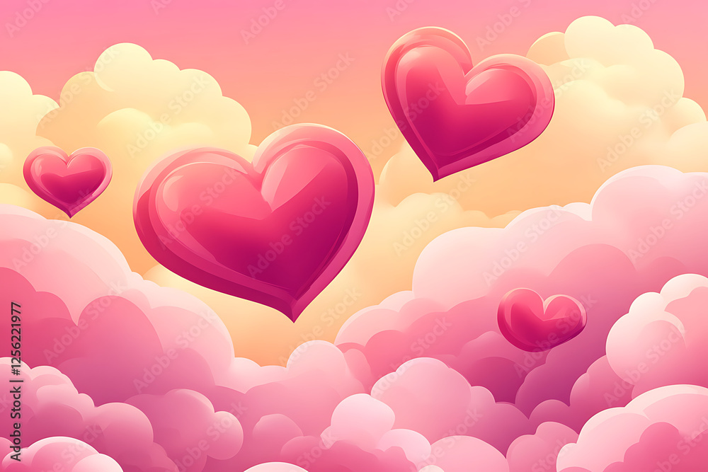 Floating pink hearts in a dreamy sky filled with fluffy clouds during sunset, evoking love and romance Floating pink hearts in a dreamy sky filled with fluffy clouds during sunset, evoking love and romance