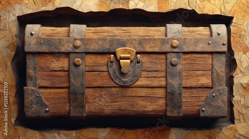A wooden chest with a gold latch sits in a hole in the wall. The chest is old and worn, with a rustic appearance