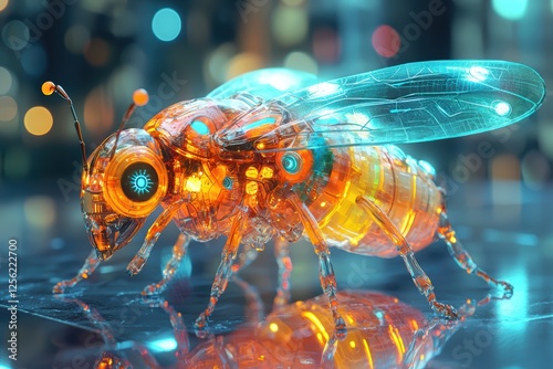 Ai-powered robotic insect futuristic city digital art neon environment close-up innovation photo