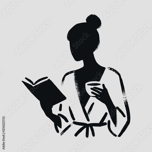 Minimalist black and white woman reading a book and drinking coffee