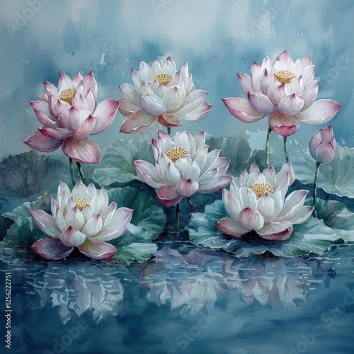 Pink & white lotus flowers reflected in serene blue water, ideal for peaceful, nature-themed designs