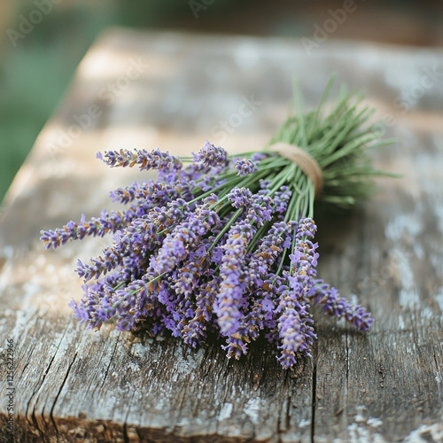 Lavender bouquet on rustic wood, outdoor setting