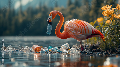 Beautiful flamingo holds plastic in its beak against the backdrop of beautiful nature. The problem of water pollution. Ecological problem of nature and the environment.