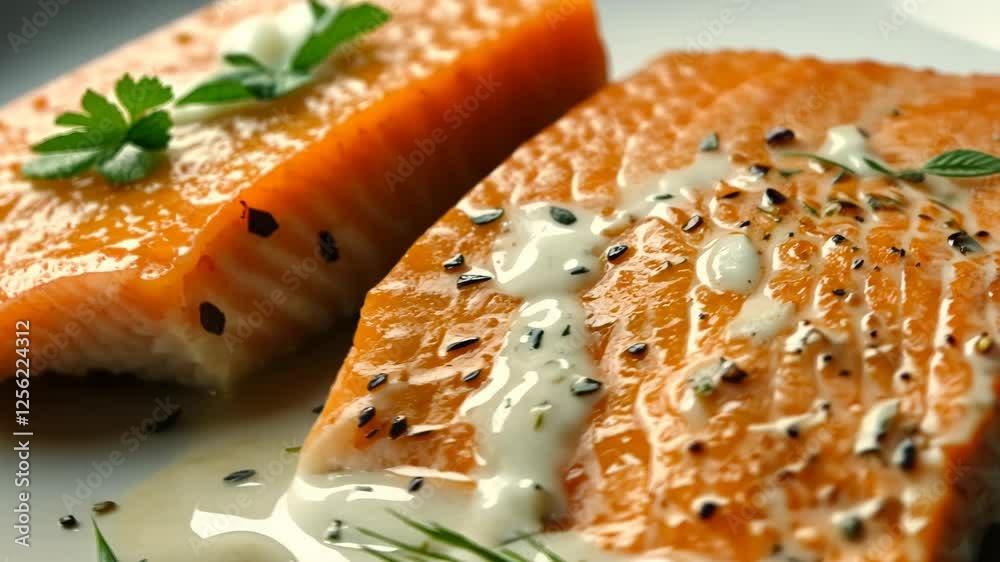 Freshly cooked salmon fillets served with herbs and sauce on a white plate Freshly cooked salmon fillets served with herbs and sauce on a white plate
