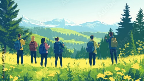 Three people are hiking on a trail surrounded by lush green foliage, with mountains visible in the background under a bright blue sky. The scene suggests adventure and exploration in a tropical or sub