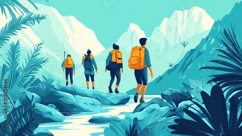 Three people are hiking on a trail surrounded by lush green foliage, with mountains visible in the background under a bright blue sky. The scene suggests adventure and exploration in a tropical or sub