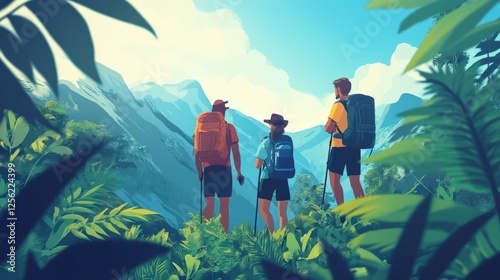 Three people are hiking on a trail surrounded by lush green foliage, with mountains visible in the background under a bright blue sky. The scene suggests adventure and exploration in a tropical or sub
