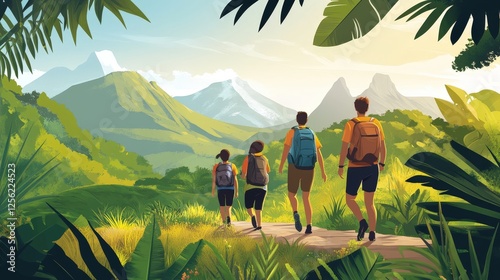 Three people are hiking on a trail surrounded by lush green foliage, with mountains visible in the background under a bright blue sky. The scene suggests adventure and exploration in a tropical or sub