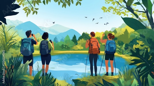 Three people are hiking on a trail surrounded by lush green foliage, with mountains visible in the background under a bright blue sky. The scene suggests adventure and exploration in a tropical or sub