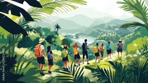 Three people are hiking on a trail surrounded by lush green foliage, with mountains visible in the background under a bright blue sky. The scene suggests adventure and exploration in a tropical or sub