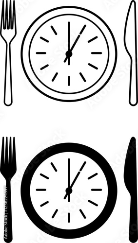 Lunch Icons. Black and White Vector Drawings. Clock, Fork, and Knife. Lunch Time. Meal Concept