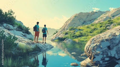 Three people are hiking on a trail surrounded by lush green foliage, with mountains visible in the background under a bright blue sky. The scene suggests adventure and exploration in a tropical or sub