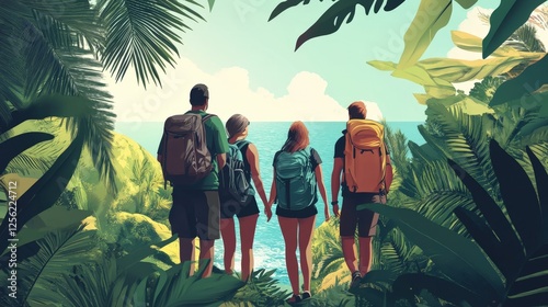 Three people are hiking on a trail surrounded by lush green foliage, with mountains visible in the background under a bright blue sky. The scene suggests adventure and exploration in a tropical or sub
