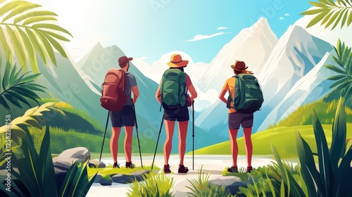 Three people are hiking on a trail surrounded by lush green foliage, with mountains visible in the background under a bright blue sky. The scene suggests adventure and exploration in a tropical or sub