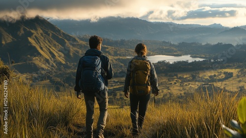 Three people are hiking on a trail surrounded by lush green foliage, with mountains visible in the background under a bright blue sky. The scene suggests adventure and exploration in a tropical or sub